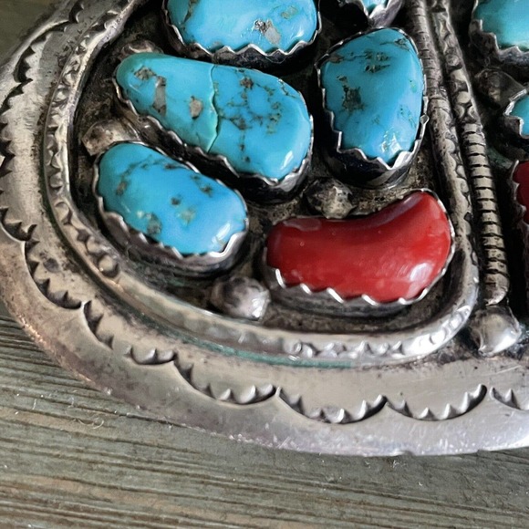 Rare Vintage Effie C Calavaza Turquoise and Coral Sterling Belt Buckle - Picture 6 of 14